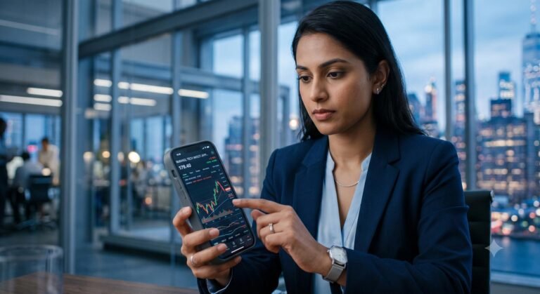 A professional viewing digital banking analytics on a mobile device in a modern financial setting.