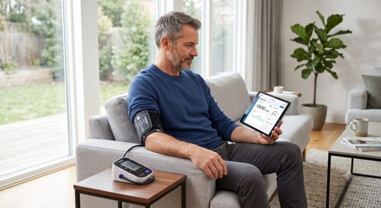 A patient uses a digital health platform on a tablet while checking blood pressure at home.