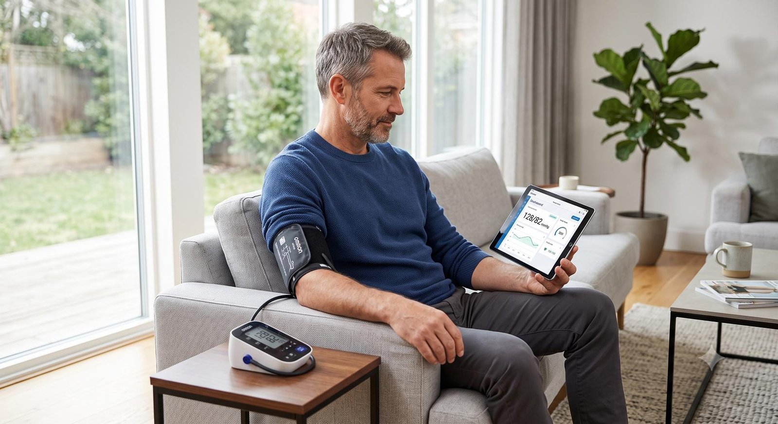 A patient uses a digital health platform on a tablet while checking blood pressure at home.