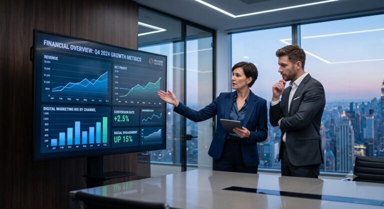 Marketing executives analyzing digital advertising ad spend data and industry outlook charts on a digital screen.