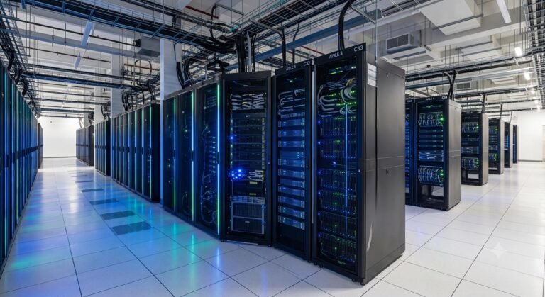 Rows of modern cloud server racks illuminated by blue LED lights in an enterprise data center.
