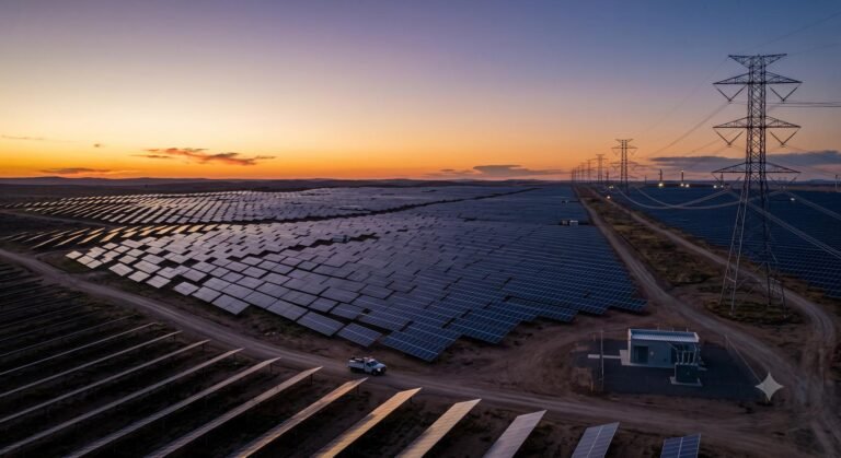High-voltage transmission lines stretching across a utility-scale solar facility.
