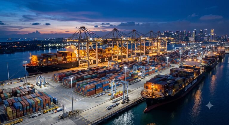 Wide view of an automated shipping port loading cargo containers onto commercial vessels at twilight.