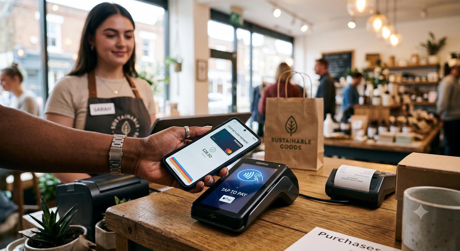 Customer using a smartphone for a contactless digital payment at a retail checkout