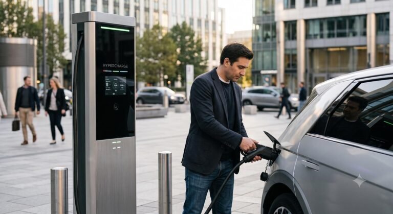 Modern ultra-fast electric vehicle charging station in an urban setting.