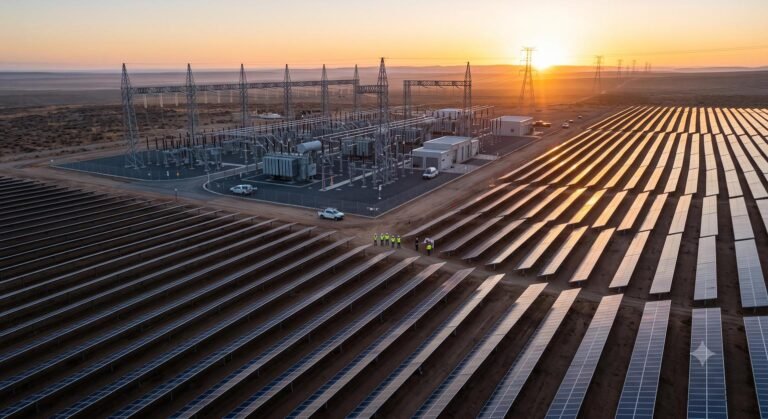 A high-angle view of a modern electrical grid substation and adjacent solar farm at sunrise.