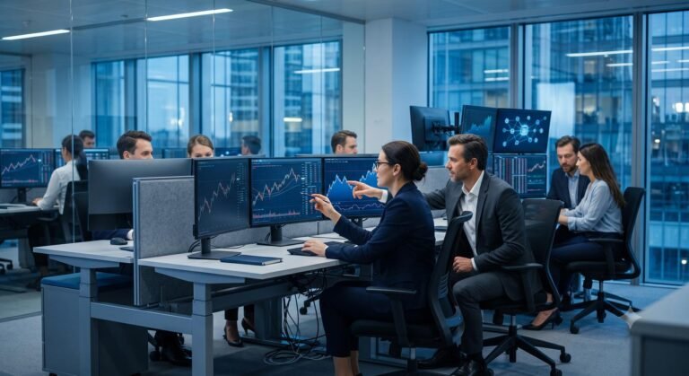 Financial professionals analyzing global digital payment data on multiple monitors in a modern office.