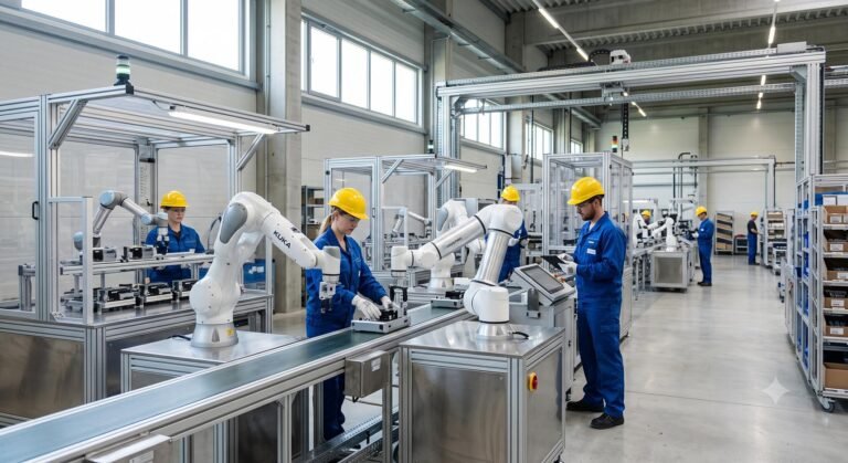 Industrial collaborative robots operating on a modern manufacturing assembly line.