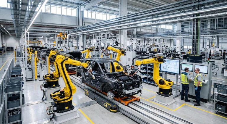 A line of industrial robotic arms assembling a vehicle chassis inside a modern automotive manufacturing facility.