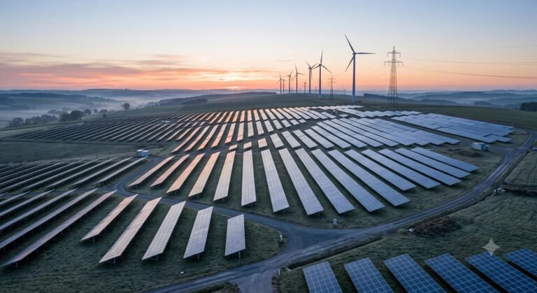 Utility-scale solar panels and wind turbines alongside a high-voltage transmission tower.