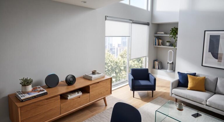 A modern living room interior showcasing integrated smart home technology and automated environmental controls.