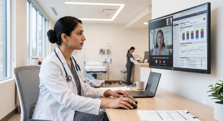 A physician reviewing patient data on a secure telehealth digital platform.