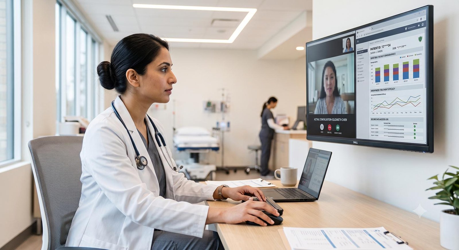 A physician reviewing patient data on a secure telehealth digital platform.