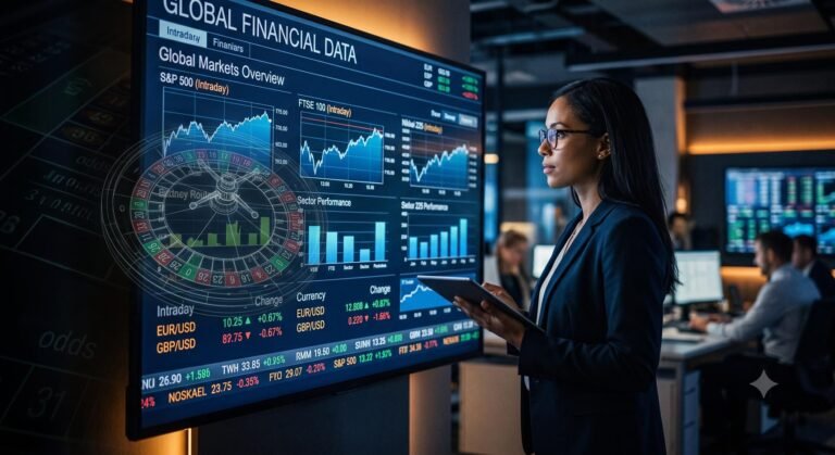 Financial data charts overlaid with digital iGaming elements representing the 2026 global online casino market growth.