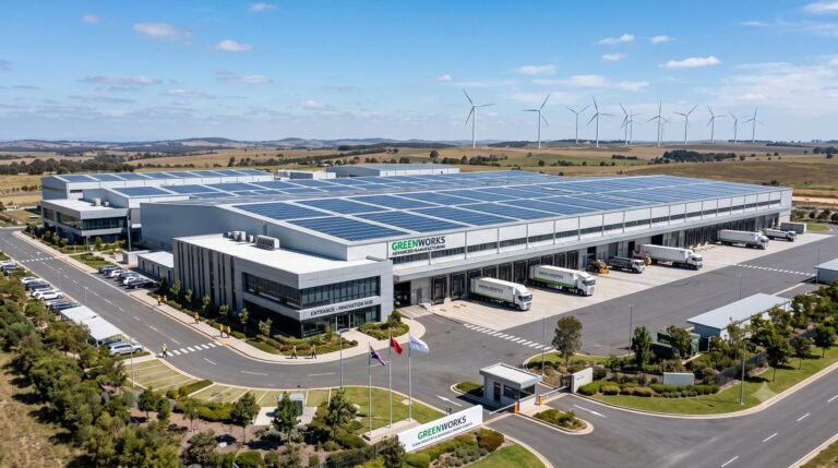Modern industrial manufacturing plant operating with renewable energy infrastructure.