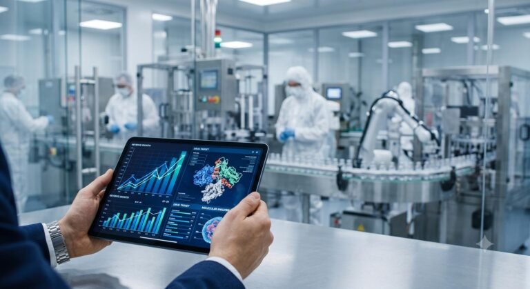 Digital tablet displaying healthcare market analytics and medical models in a clinical setting.