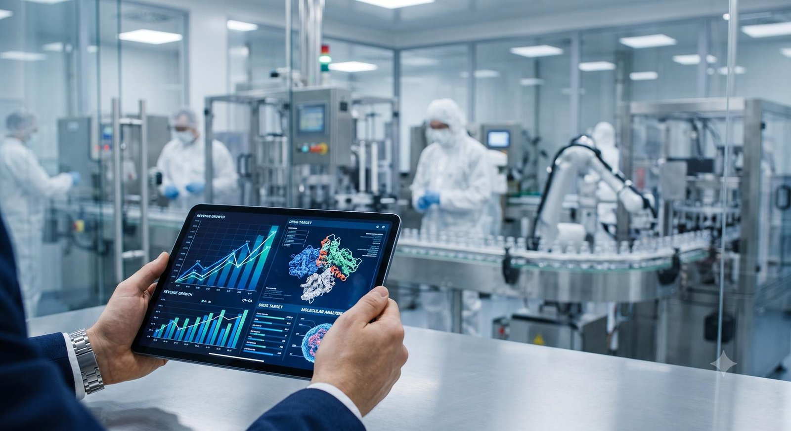 Digital tablet displaying healthcare market analytics and medical models in a clinical setting.