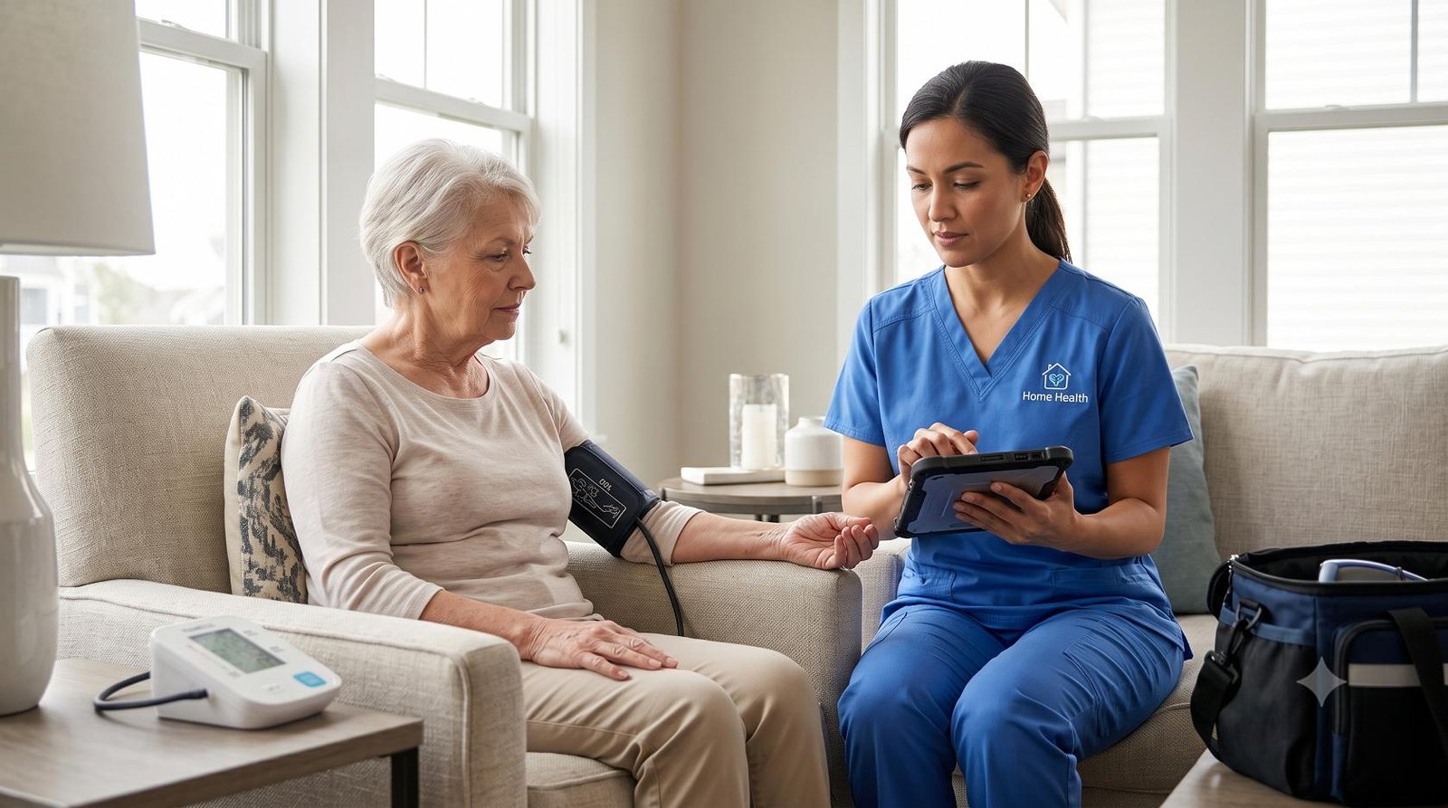 A home healthcare professional checks an elderly patient's vitals using a digital monitor in a residential setting.