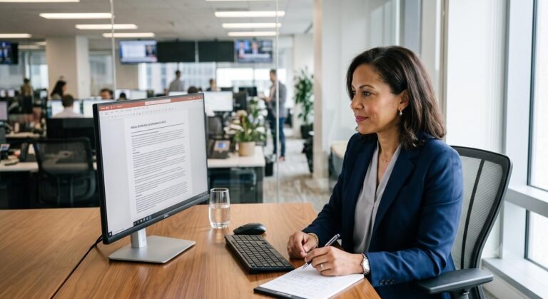 Investor relations professional reviewing corporate disclosure documents in a modern office.