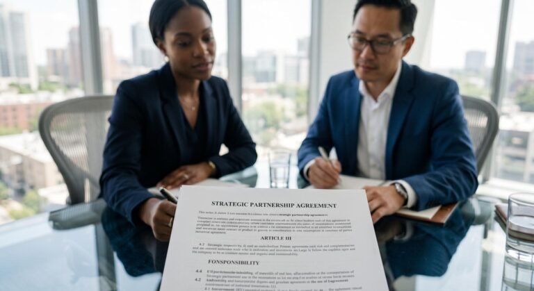 Two business professionals reviewing a partnership agreement at a conference table.