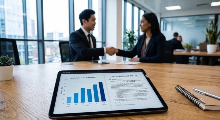 A tablet displaying a financial chart sits on a conference table while a founder and investor shake hands in the background.