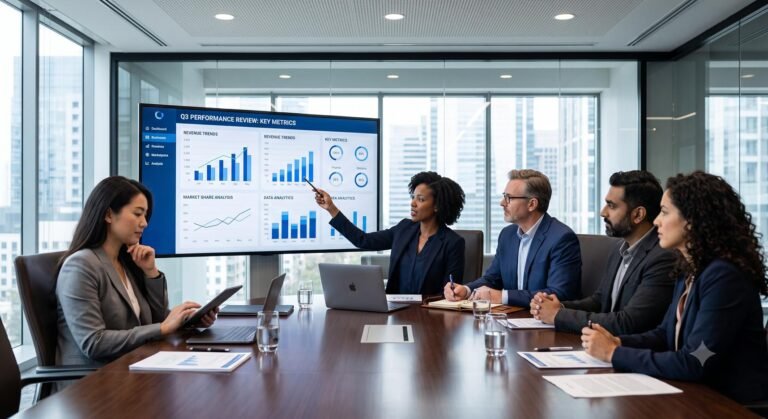 Corporate executives reviewing enterprise training data on a digital display in a modern boardroom.