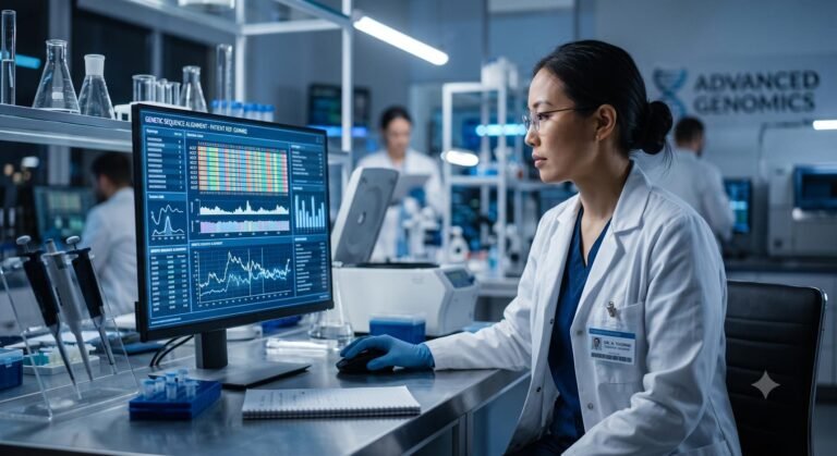 Medical researcher analyzing genomic sequencing data for personalized healthcare solutions.
