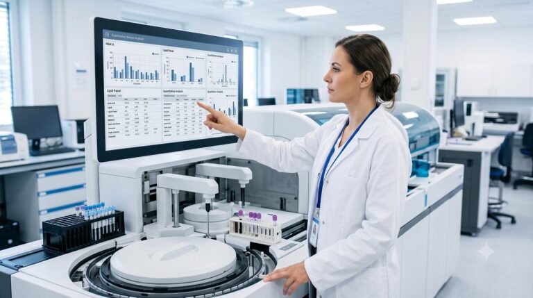 Medical professional analyzing preventive healthcare data in a modern diagnostic laboratory.