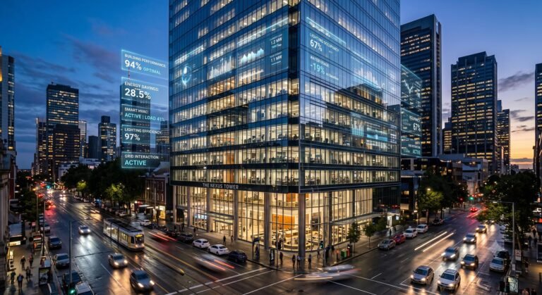 Modern commercial building utilizing PropTech solutions and energy analytics