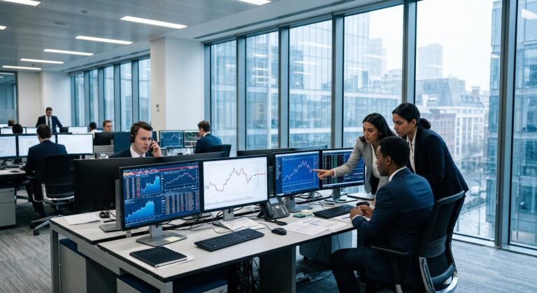 Corporate banking professionals reviewing financial market data on digital displays.