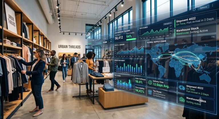 Shoppers inside a modern retail store integrated with a digital inventory tracking dashboard.