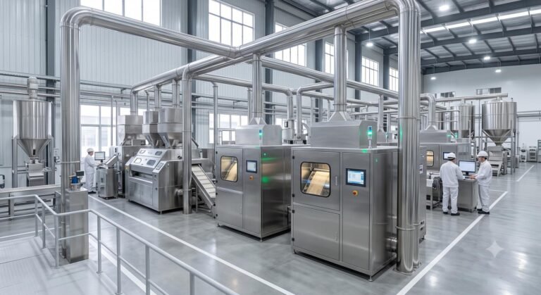 Interior view of a modern automated rice milling and processing plant
