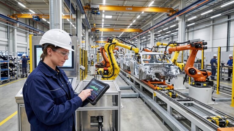 Production engineer reviewing operational data on a digital tablet inside an automated manufacturing facility.