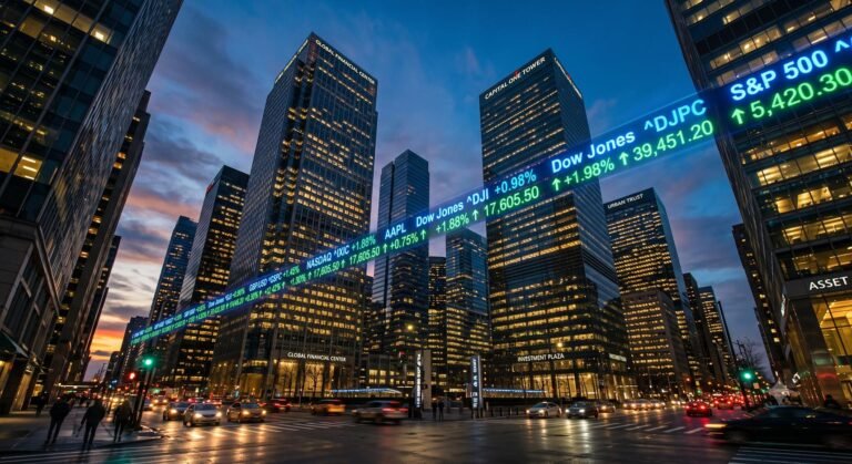Financial district skyscrapers illuminated at dusk reflecting venture capital market trends