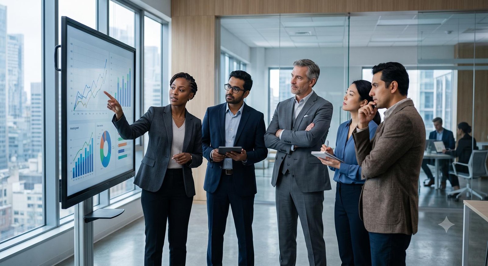 Professionals analyzing a digital screen showing upward financial trends representing the subscription economy growth.