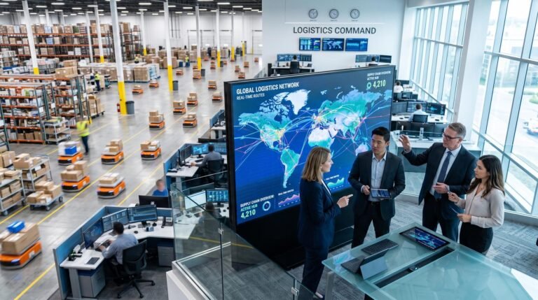 Corporate executives reviewing digital supply chain and logistics data on a large screen in a modern automated facility.