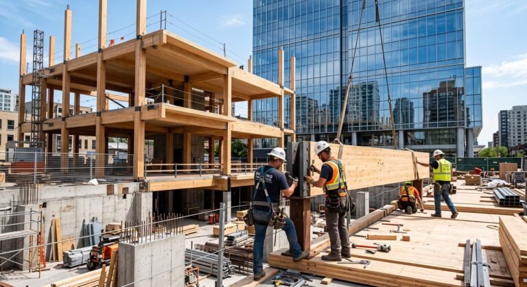 Workers assembling a modern mass timber commercial building structure on a sunny day.