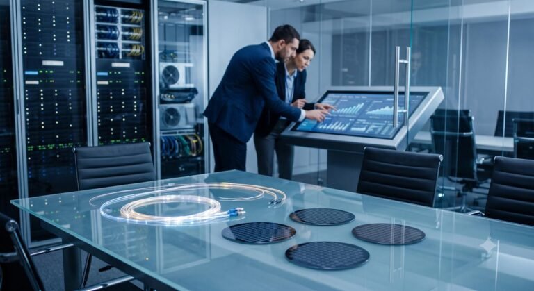Corporate executives reviewing data alongside modern AI semiconductor infrastructure.