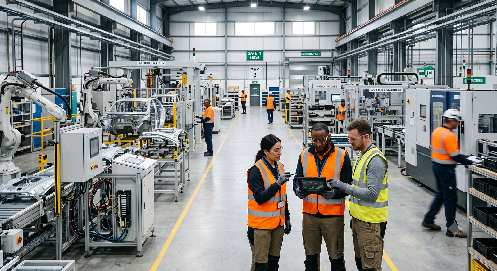 Workers in a modern manufacturing facility reviewing production data on a digital tablet