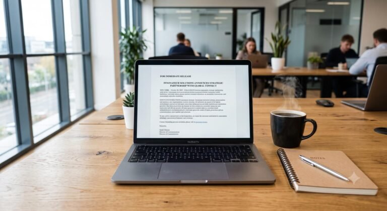 A laptop displaying a press release draft on a desk in a modern corporate office setting.