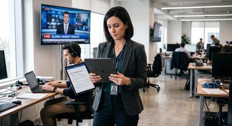A communications professional reviewing a corporate announcement on a tablet in a modern office setting.