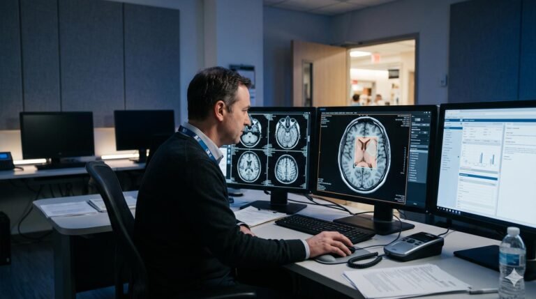 A radiologist reviewing a medical scan on a computer monitor with an artificial intelligence bounding box overlaid on the diagnostic image.