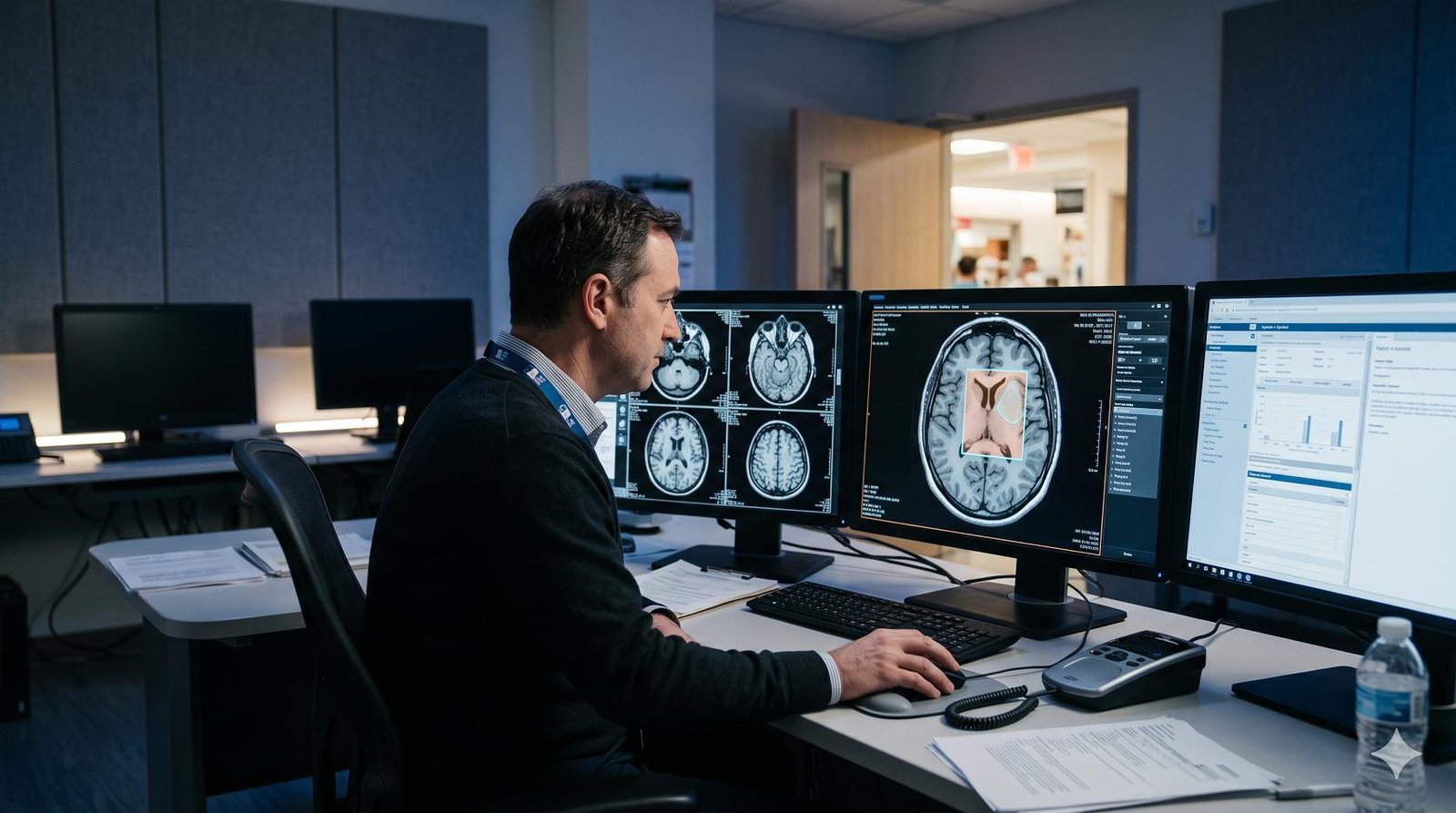 A radiologist reviewing a medical scan on a computer monitor with an artificial intelligence bounding box overlaid on the diagnostic image.