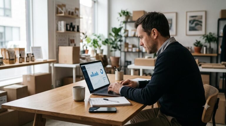 Small business owner analyzing financial data and AI dashboards on a laptop in a modern office.