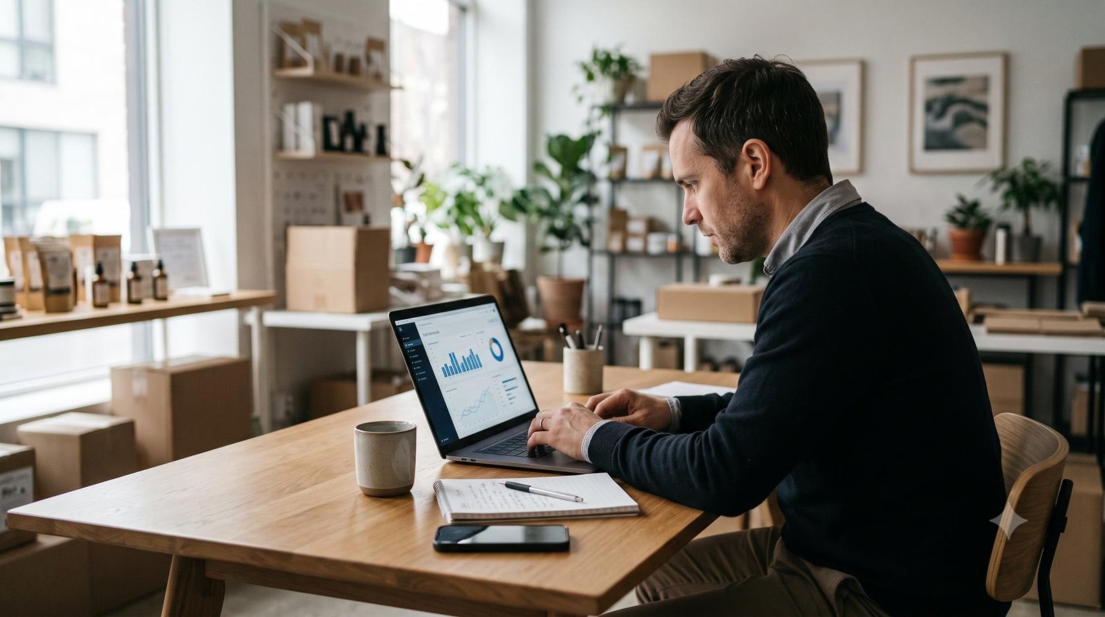 Small business owner analyzing financial data and AI dashboards on a laptop in a modern office.