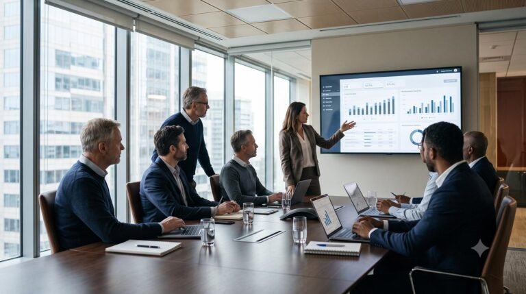 Corporate executives analyzing data privacy and security metrics in a modern boardroom.