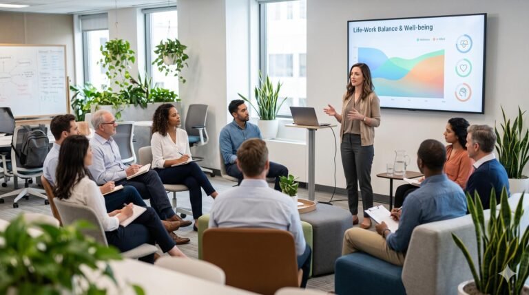Professionals attending a corporate wellness and mental health awareness seminar in a modern office setting.