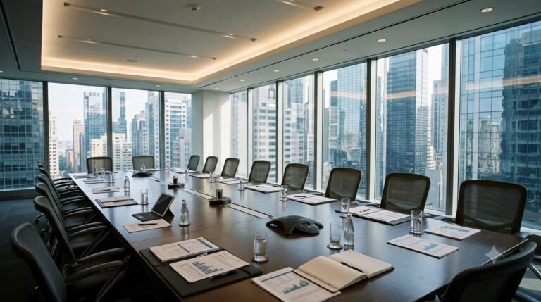 Corporate boardroom overlooking a city skyline with financial reports on the table.