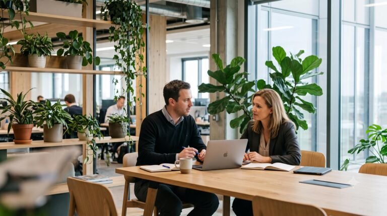 Two professionals discussing workplace strategies in a modern, well-lit corporate office featuring biophilic design.