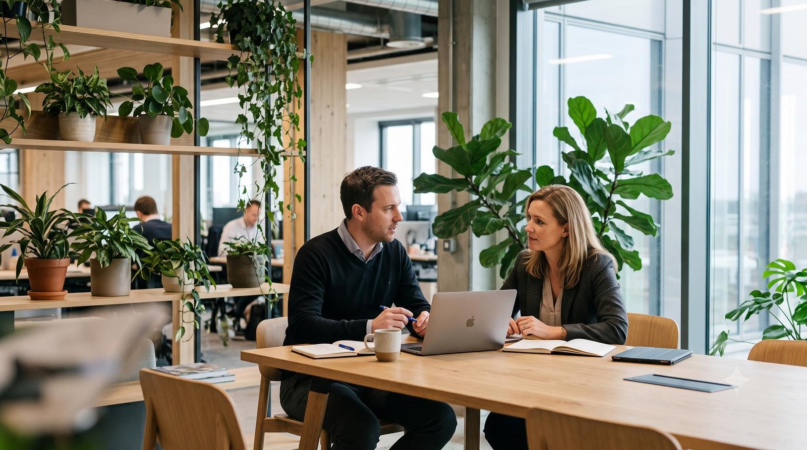 Two professionals discussing workplace strategies in a modern, well-lit corporate office featuring biophilic design.